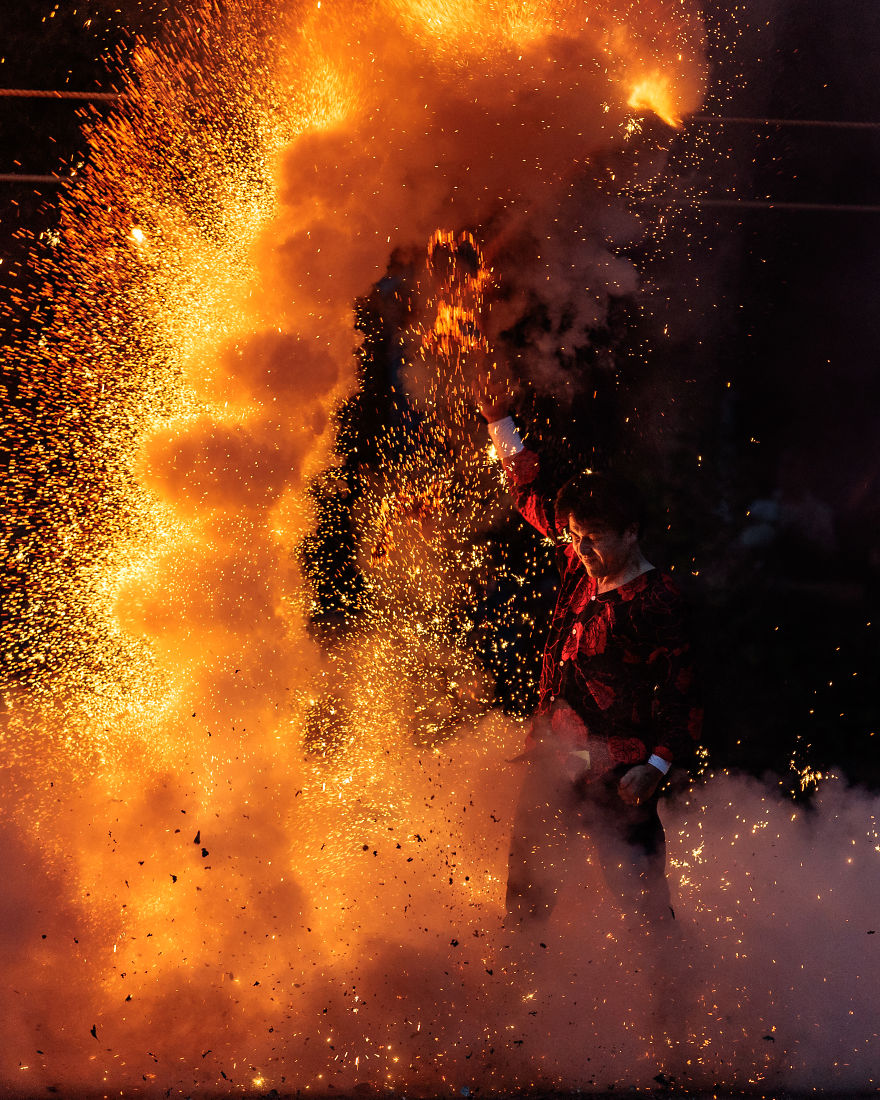 A Traditional Style Fireworks ( Tezutsu-Hanabi) At Toyokawa Summer Festival A Traditional Style Fireworks ( Tezutsu-Hanabi) At Toyokawa Summer Festival