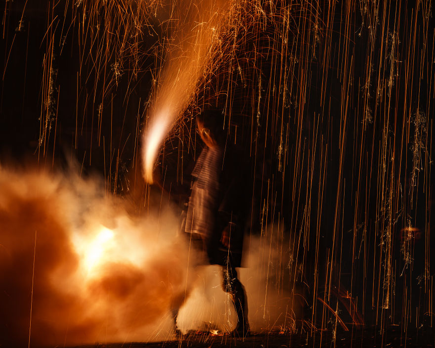A Traditional Style Fireworks ( Tezutsu-Hanabi) At Toyokawa Summer Festival A Traditional Style Fireworks ( Tezutsu-Hanabi) At Toyokawa Summer Festival