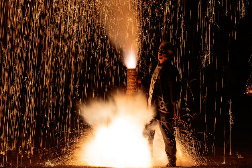A Traditional Style Fireworks ( Tezutsu-Hanabi) At Toyokawa Summer Festival A Traditional Style Fireworks ( Tezutsu-Hanabi) At Toyokawa Summer Festival