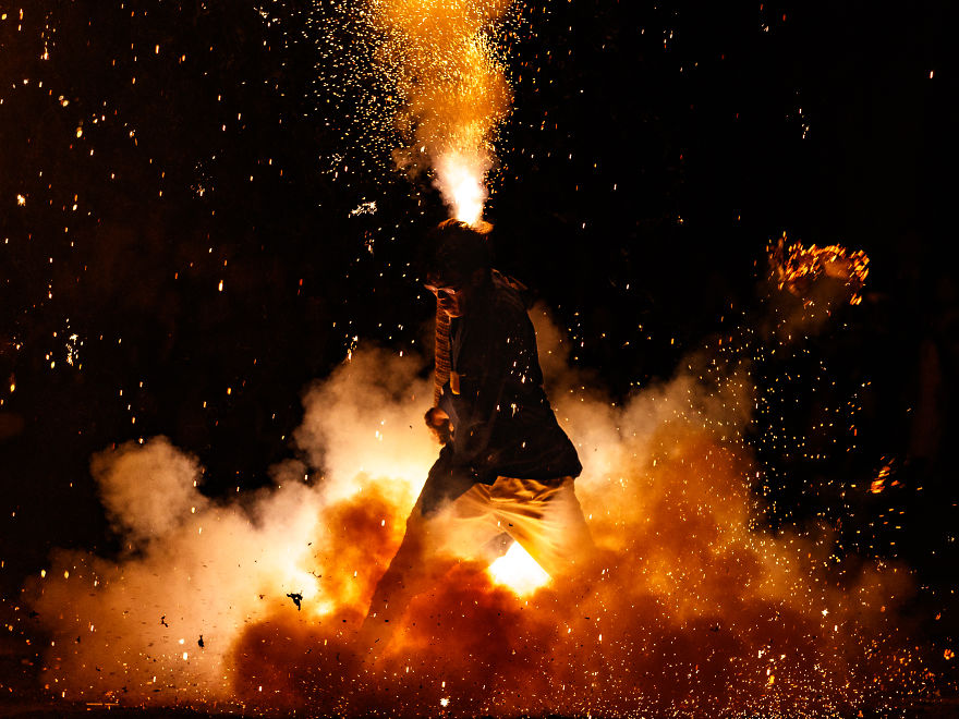 A Traditional Style Fireworks ( Tezutsu-Hanabi) At Toyokawa Summer Festival A Traditional Style Fireworks ( Tezutsu-Hanabi) At Toyokawa Summer Festival