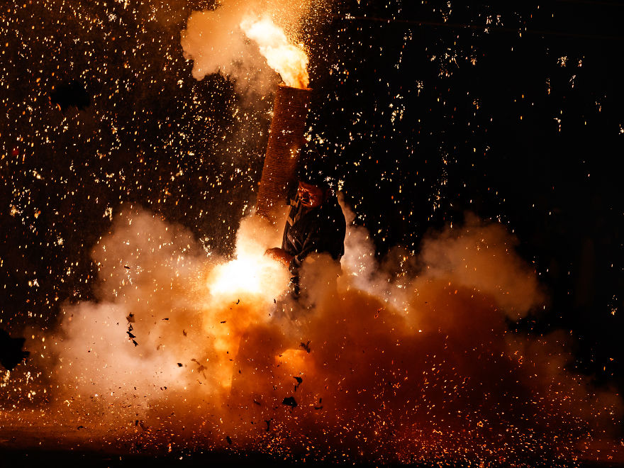 A Traditional Style Fireworks ( Tezutsu-Hanabi) At Toyokawa Summer Festival A Traditional Style Fireworks ( Tezutsu-Hanabi) At Toyokawa Summer Festival