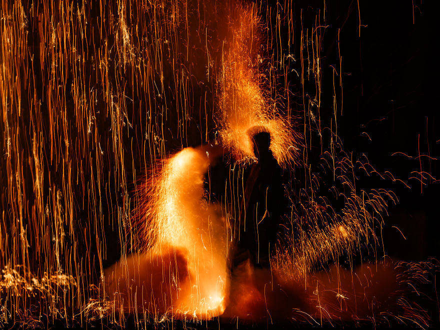 A Traditional Style Fireworks ( Tezutsu-Hanabi) At Toyokawa Summer Festival A Traditional Style Fireworks ( Tezutsu-Hanabi) At Toyokawa Summer Festival