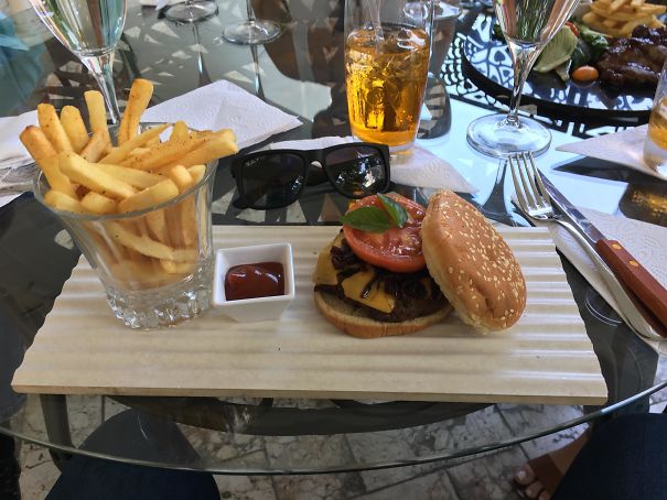 My Burger In Haiti Was Served On A Shingle. Bonus Fries In A Glass