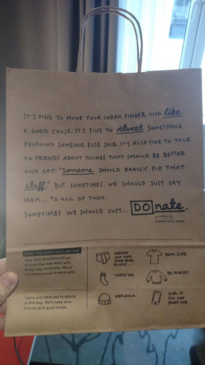 My Hotel In Norway Has A Bag In The Room Where You Can Leave Behind Any Unwanted Items As Donations To The Needy