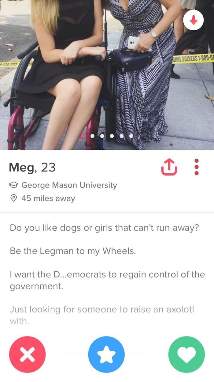 Funny Tinder profile with a woman in a wheelchair and playful bio.