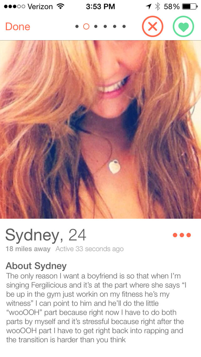 Funny Tinder profile of Sydney, 24, with a humorous bio referencing singing Fergie songs.