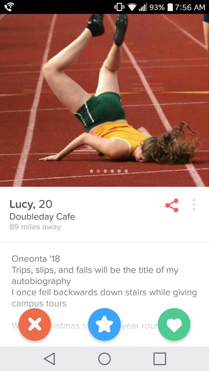 Funny Tinder profile showcasing a humorous fall on a track, emphasizing lightheartedness and entertainment.