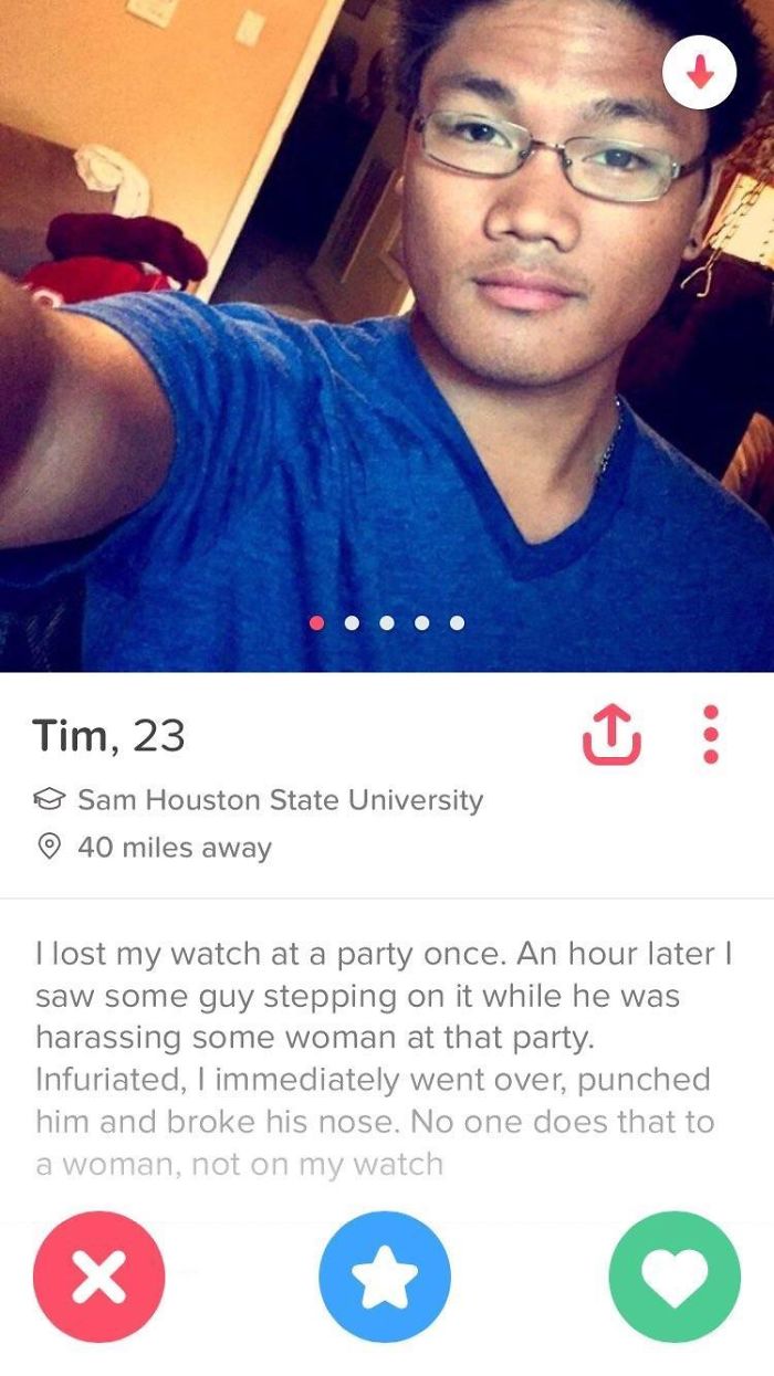 Funny Tinder profile of a young man in glasses and blue shirt sharing a witty story about a party incident.