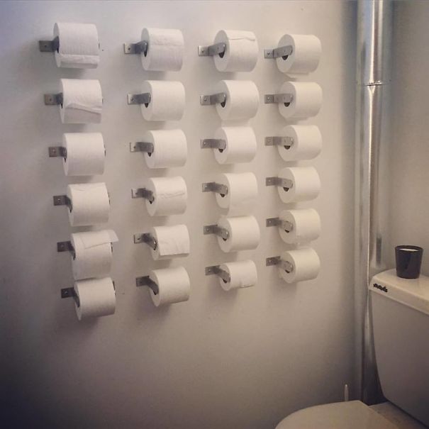 Instead Of Installing Shelves In His Office Bathroom, My Friend Went For A Different Approach