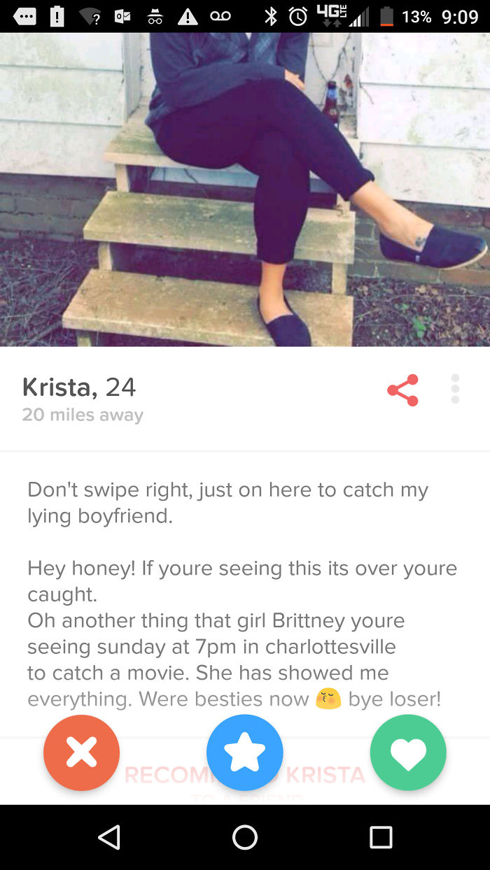 Funny Tinder profile of Krista, 24, revealing her boyfriend’s infidelity in a humorous bio.