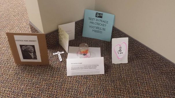 Housekeeping At My Friend's Office Missed A Dead Cricket. It Has Since Snowballed Into A Full On Memorial