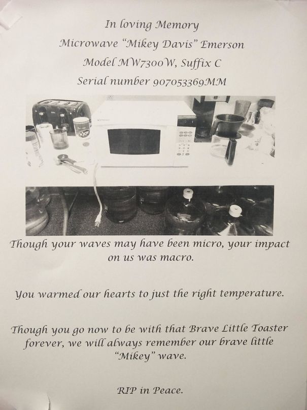 The Microwave At Work Died. Someone Took The Time Write An Obituary