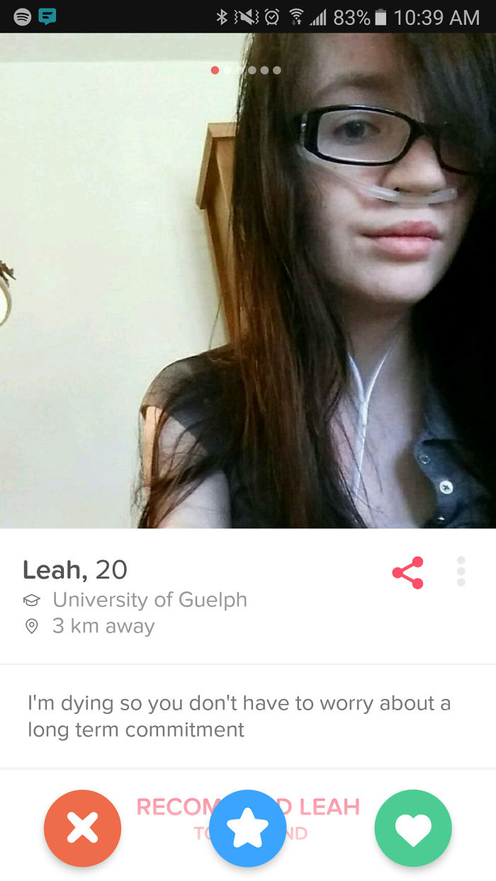 Funny Tinder profile of Leah, 20, with a witty bio stating she’s not a long-term commitment risk.