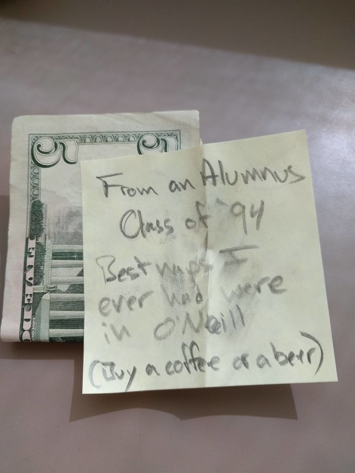 Note with money from an alumnus, found unexpectedly, sharing a message from the class of '94.