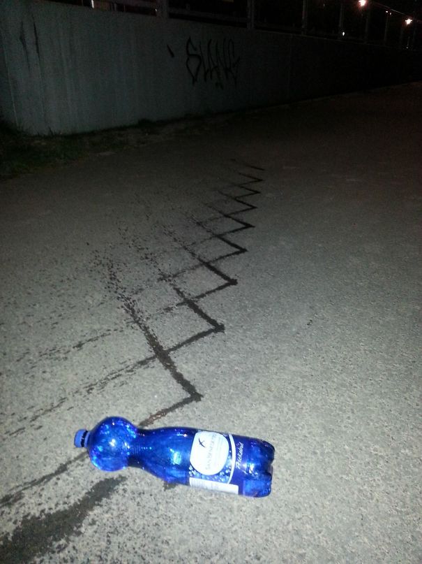 Yesterday I Droped My Waterbottle. This Is The Pattern It Made While Rolling Away