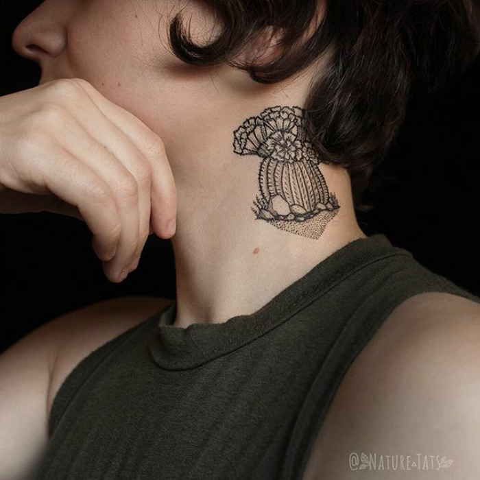 Neck tattoo featuring a detailed succulent, showcasing unique cactus design for succulent tattoo enthusiasts.