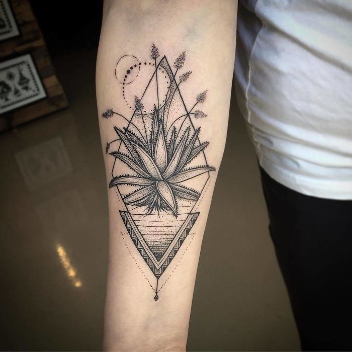 Geometric succulent tattoo design on forearm, featuring intricate linework and dot patterns.