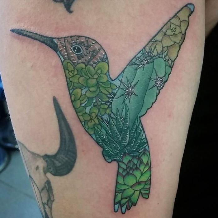 Tattoo of a hummingbird filled with vibrant succulent designs on a person's arm, showcasing unique succulent tattoo art.