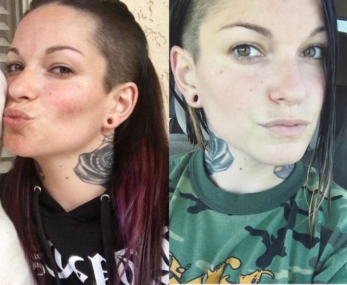 Long Purple Hair To Asymmetrical Ombré In Order To Grow Out The Shaved Sides.