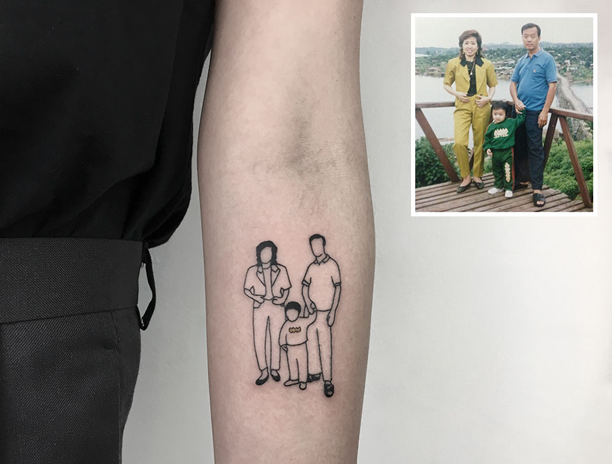 Tattoo of a family photo on forearm highlighting dedication to tattooing.