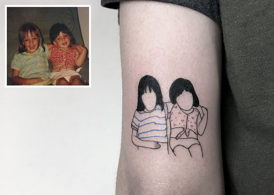 Tattoo of two children, inspired by an old photo, showcasing dedication to tattooing.