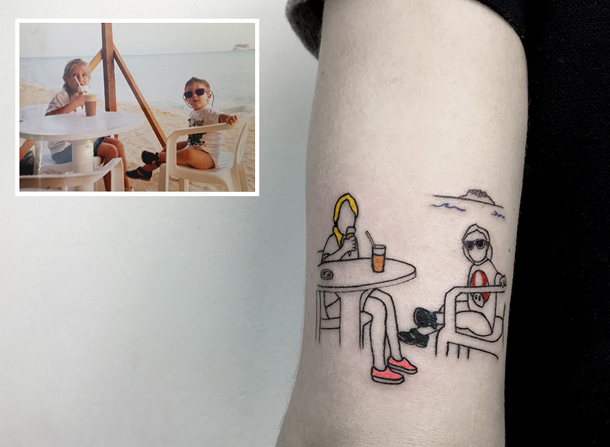 Tattoo inspired by childhood photo, showcasing dedication to tattooing as a chosen career path.