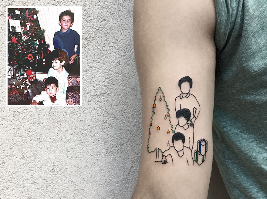 Tattoo of a childhood photo with family by a Christmas tree, showcasing dedication to tattooing.