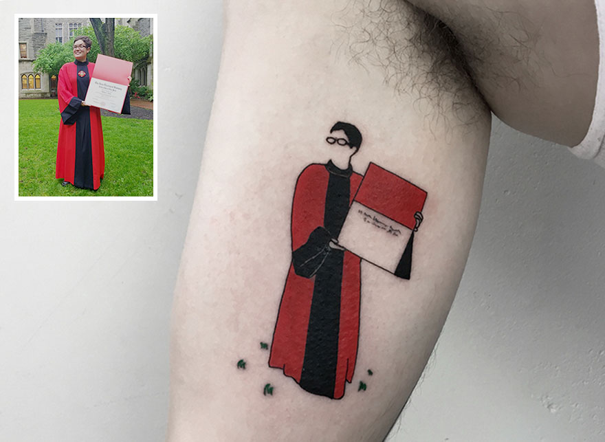 Tattoo of a person in a robe holding a diploma, symbolizing dedication to tattooing instead of a 9-5 job.