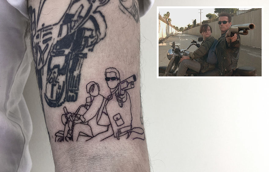 Tattoo art of motorcycle scene, reflecting dedication to tattooing, based on iconic movie moment.