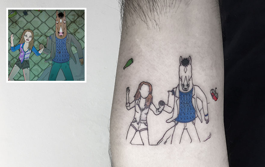 Tattoo art of a horse and person inspired by animation, showcasing dedication to tattooing over a 9-5 job.