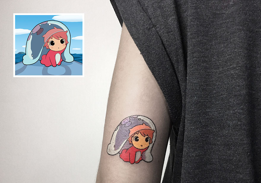 Tattoo of a cartoon character with a cloak on an arm, next to the original design reference.