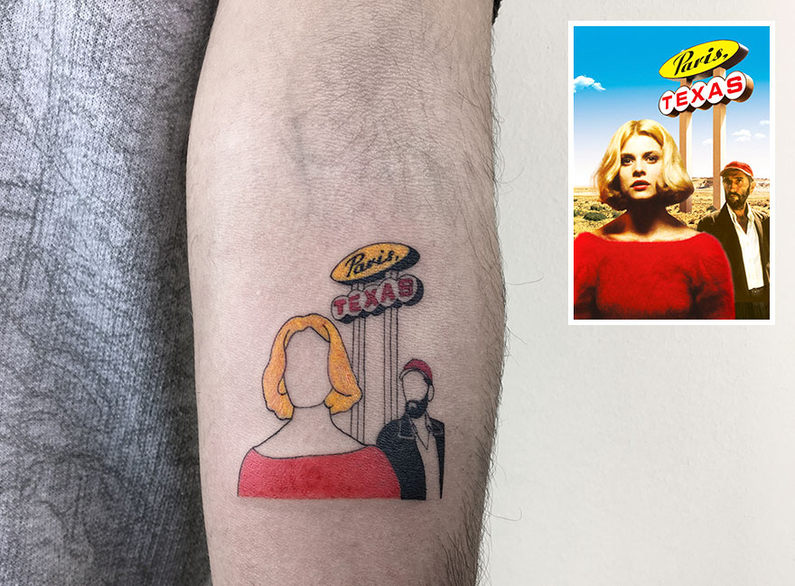 Tattoo of Paris, Texas design on forearm, showcasing dedication to tattooing art.