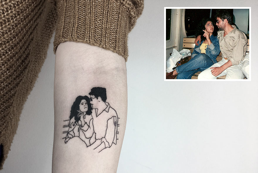 Tattoo of couple on arm, inspired by vintage photo, dedication to tattooing as a career choice.