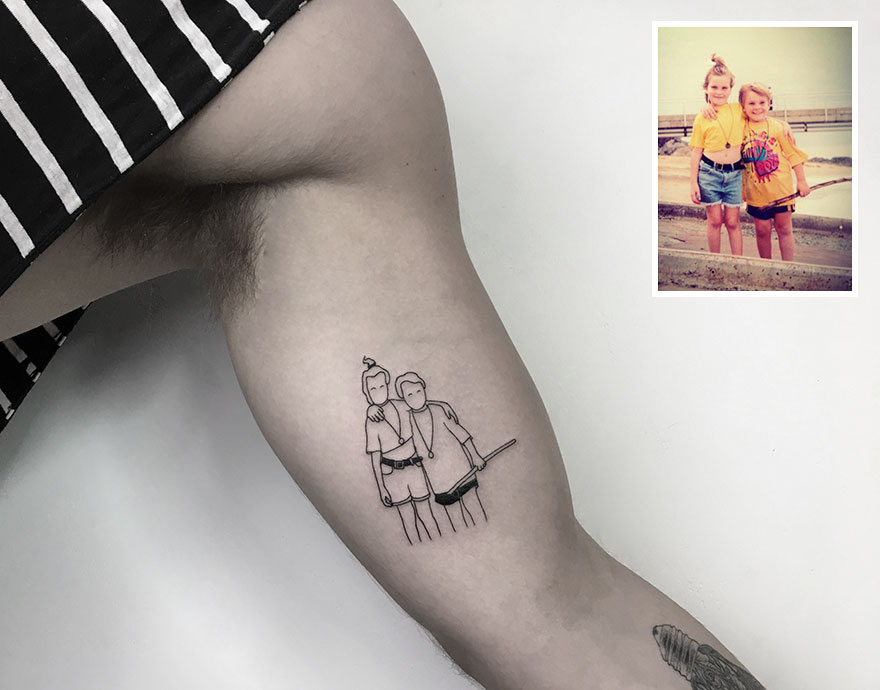 Tattoo reflecting a childhood photo of two kids, emphasizing dedication to tattooing.