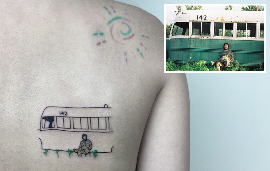 Tattoo of bus 142 and man sitting, symbolizing dedication to tattooing.
