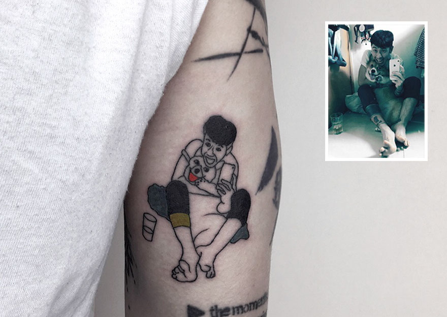 Tattoo design on arm depicting person taking a selfie; emphasis on dedication to tattooing.