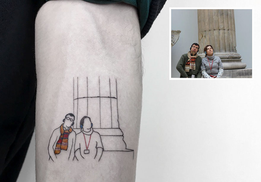Tattoo of two people sitting by a pillar, inspired by a photo.