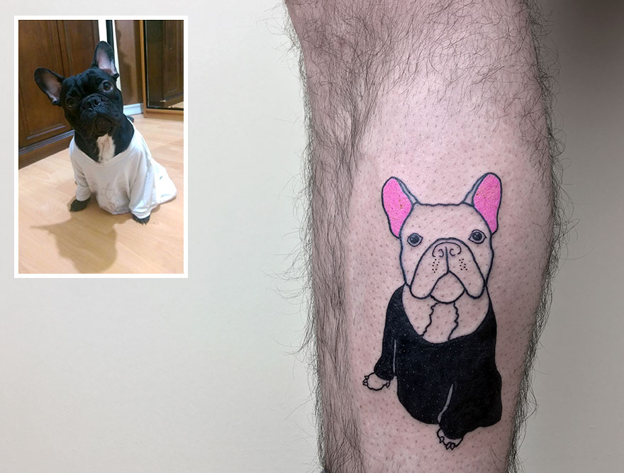 Tattoo of a dog in a t-shirt on a leg, next to a photo of the same dog wearing a similar t-shirt.