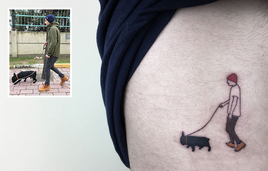 Tattoo of a person walking a dog, inspired by a real photograph; dedication to tattooing.