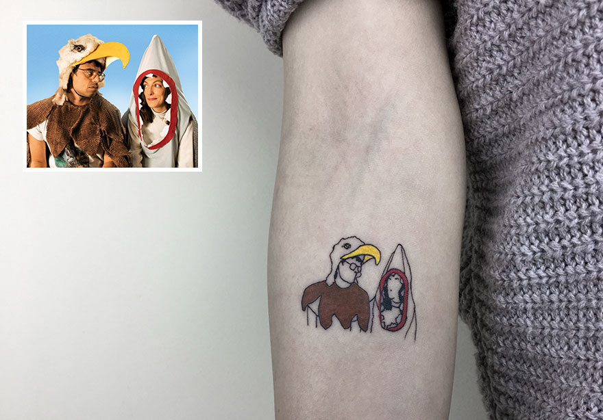 Tattoo inspired by photo of people in bird costumes, showcasing dedication to tattooing.