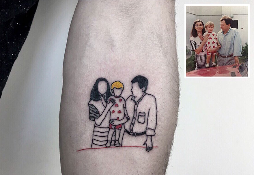 Tattoo depicting a family portrait on forearm with reference photo in the corner, emphasizing dedication to tattooing.