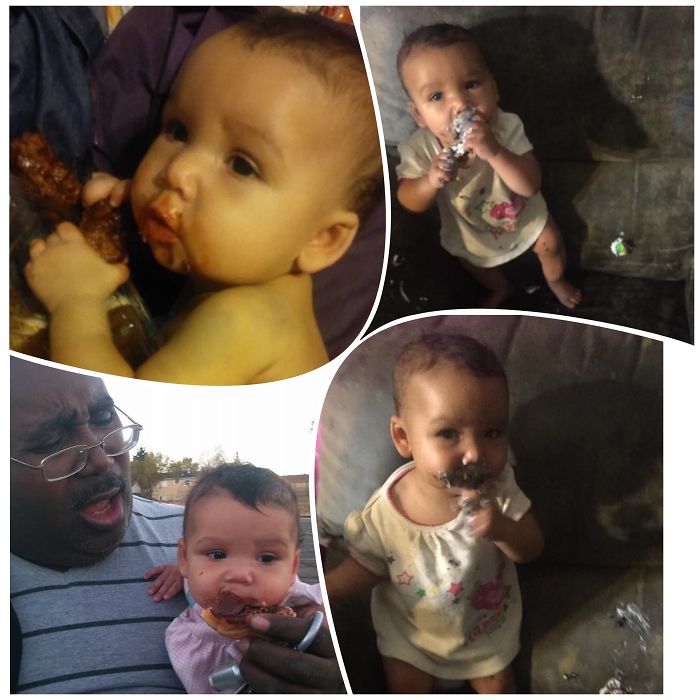 Our Cute Food Thief Chicken Wings, Daddy's Donut And My Cake. So Proud Of Herself!