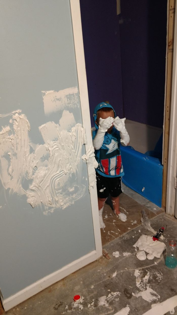 Left Him In A Different Room With His Sister's. Came Back 2 Minutes Later Asked Dad Where He Was Said With The Girls.... Girls Were Outside This Is What I Found. Seriously Never Renovate If You Have Kids. Like Ever Deal With The Crappy Broken Crap He Was Standing In The Mud Bucket Literally Standing In It.....