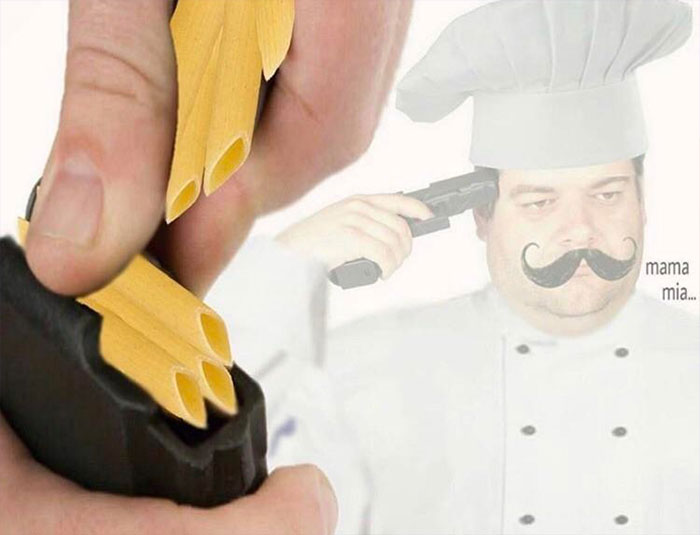 Italian chef shooting with spaghetti meme 