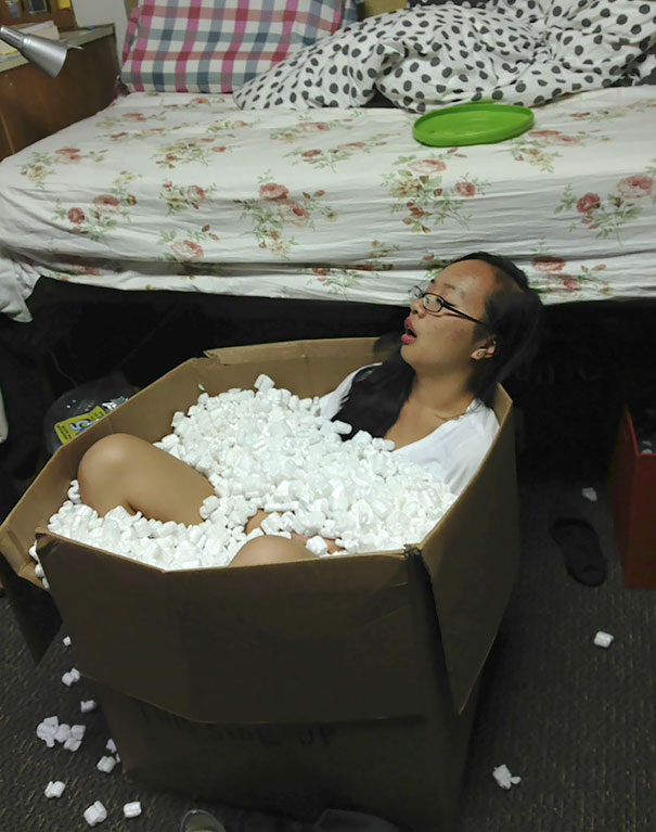 I Wake Up At 2 Am To Find My Roommate Passed Out In A Box Of Packing Peanuts