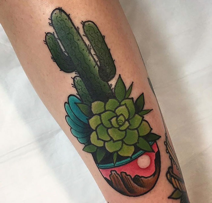 Colorful succulent tattoo with cactus design on forearm.