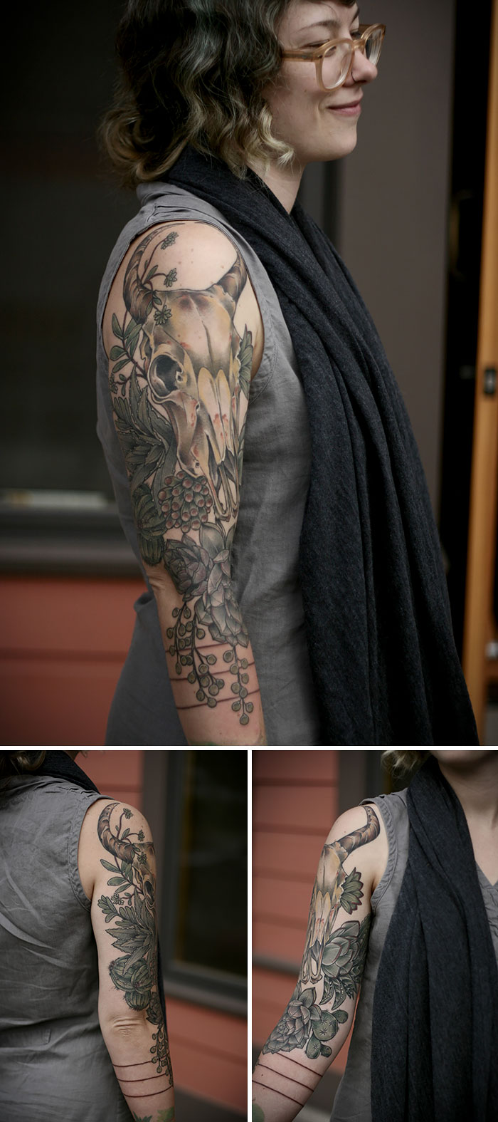 Person with a detailed succulent tattoo sleeve featuring skull and floral design.