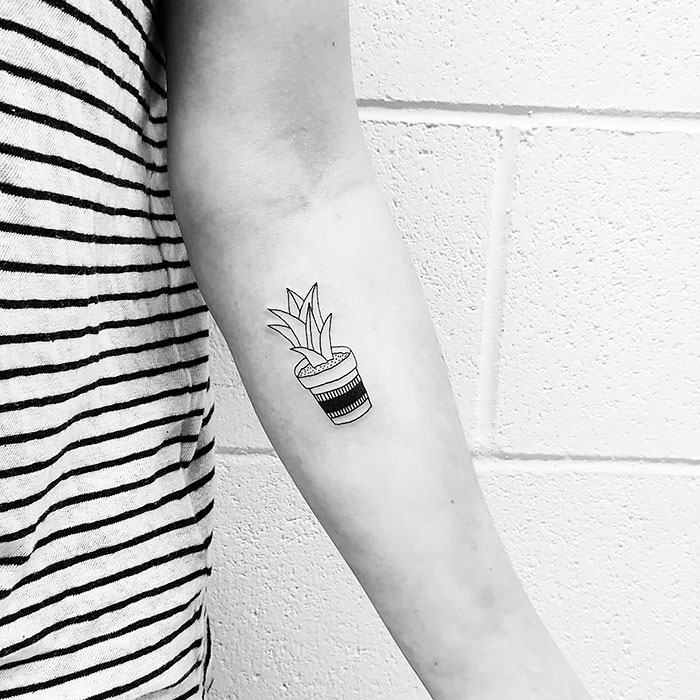 Arm tattoo of a potted succulent on a person wearing a striped shirt.