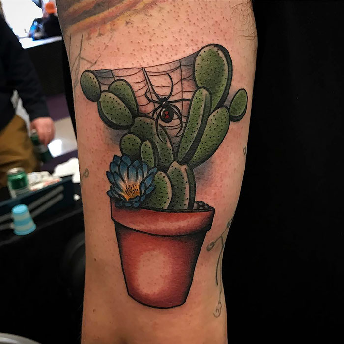 Succulent tattoo on arm featuring cactus with a blue flower and spider web in a pot.