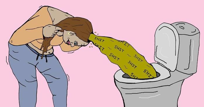 Illustration showing artist's personal irritation and bitterness with a woman vomiting words into a toilet against a pink background.